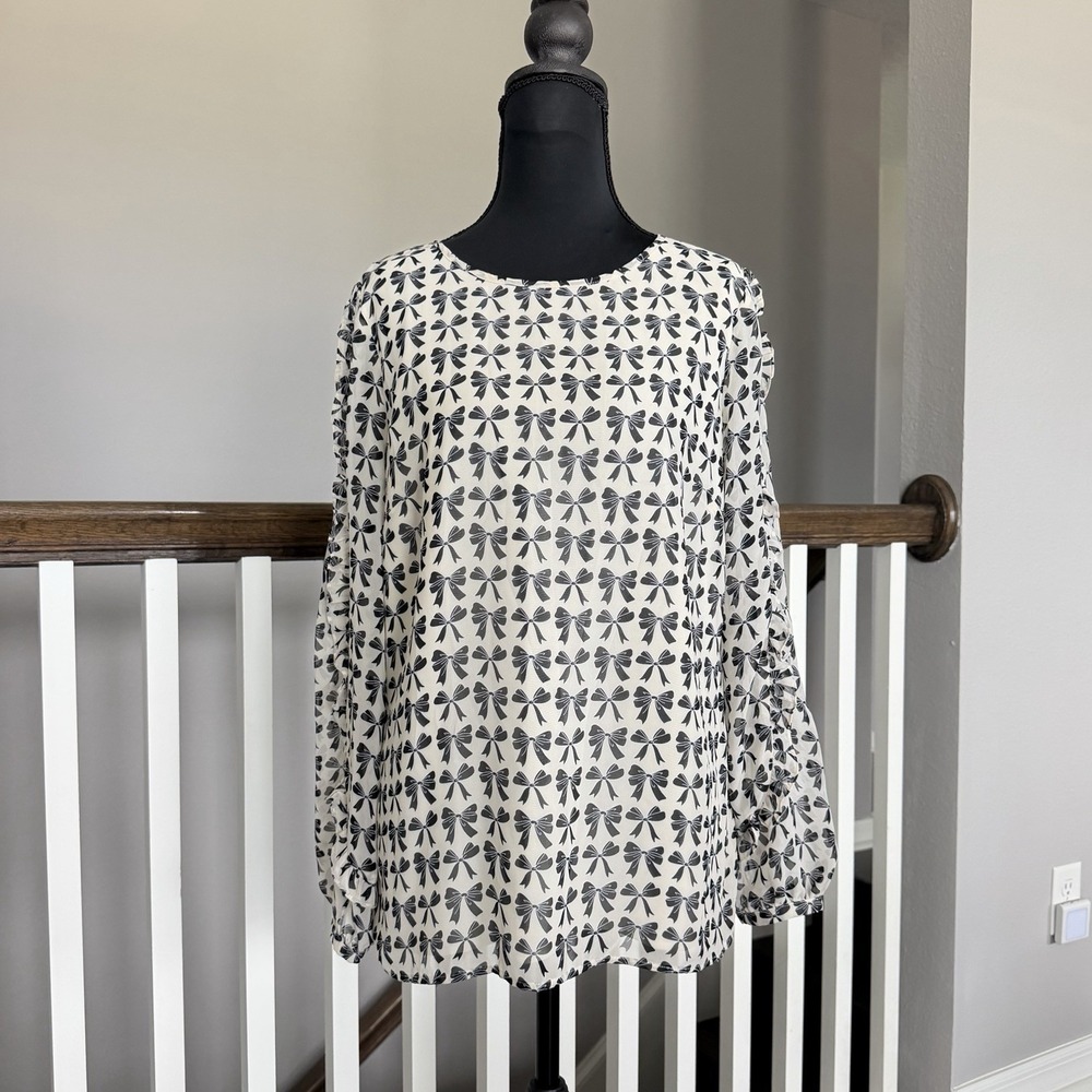 Talbots‎ Black Bow Ruffle Long Sleeve Top Blouse Small Coquette Office Career